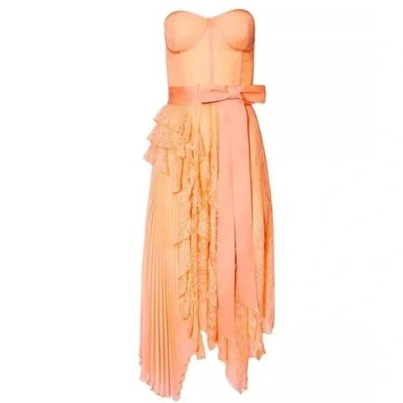 NWT Alice + Olivia Bree Ruffle Lace Pleated Midi Bustier Dress Light Peach Size - Picture 1 of 16